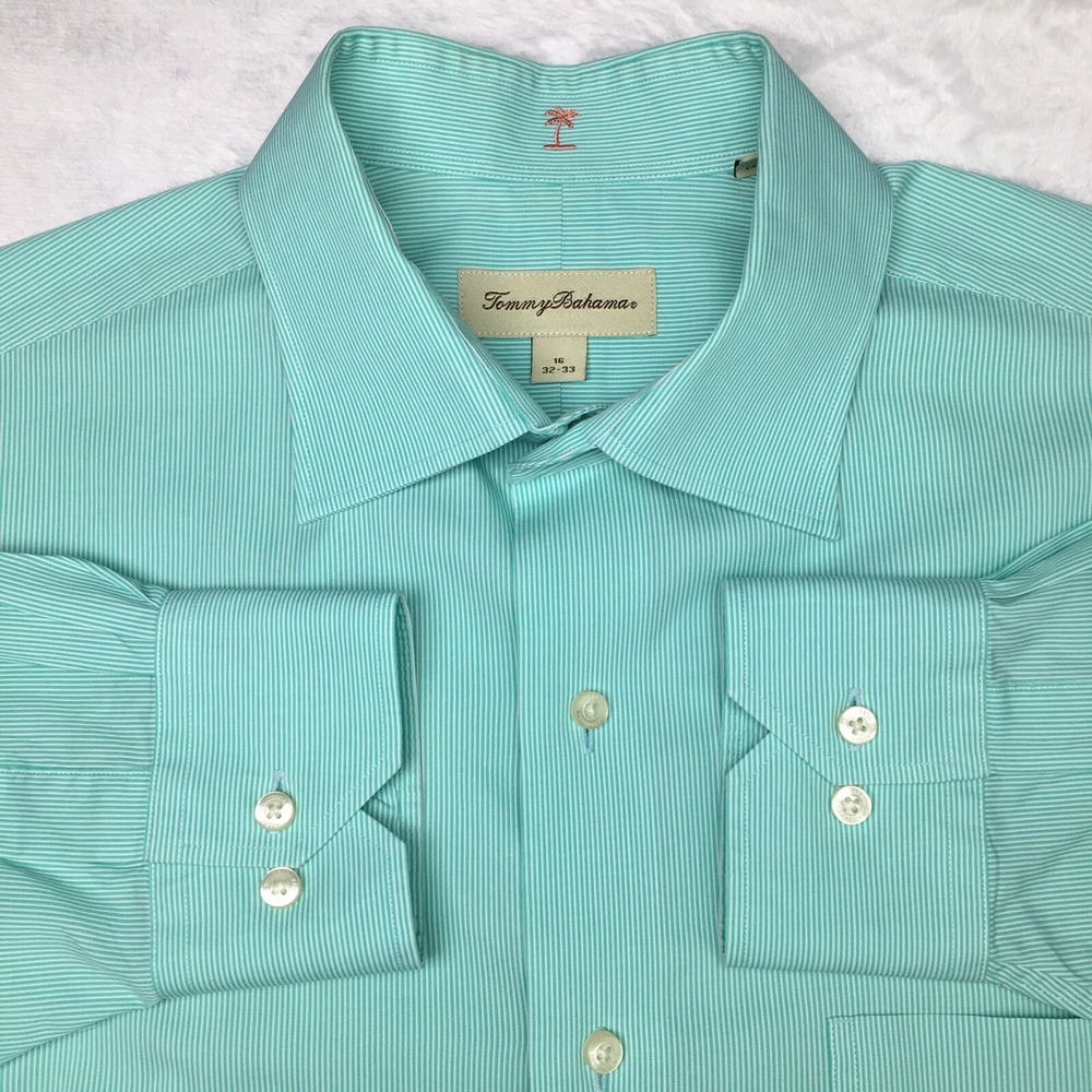 Tommy Bahama Shirt Men's 16 32-33 Green Pinstripe Button Up Long Sleeve Cotton